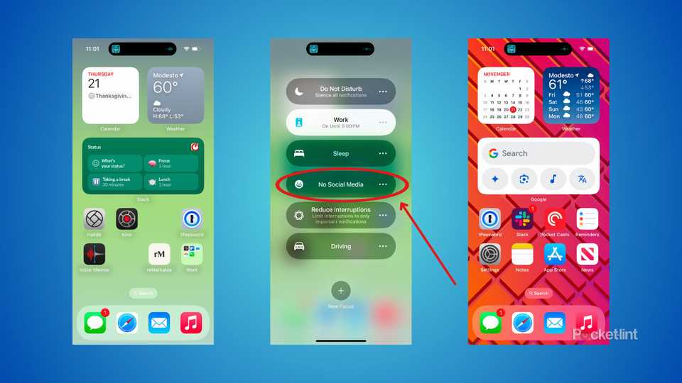 Three screenshots showing an iPhone home screen, the Focus menu, and a new home screen layout.