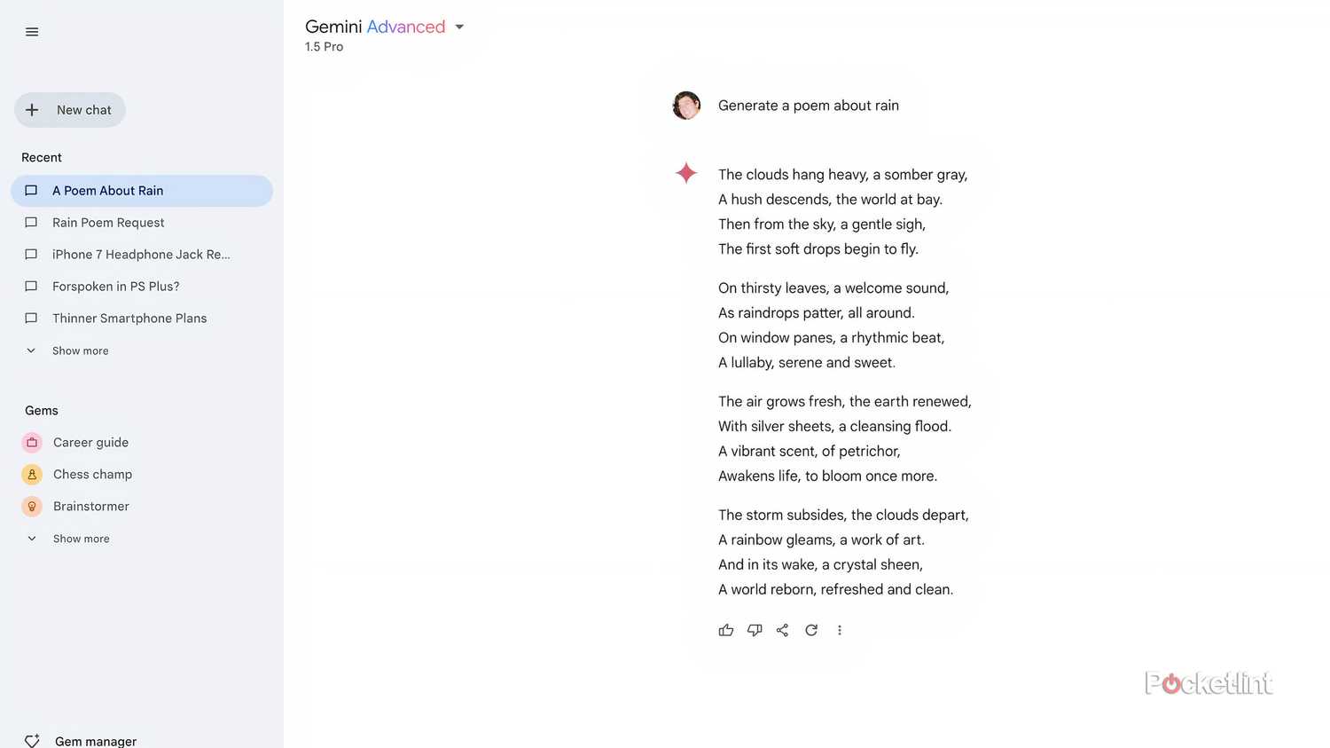 Gemini generating a poem about rain.
