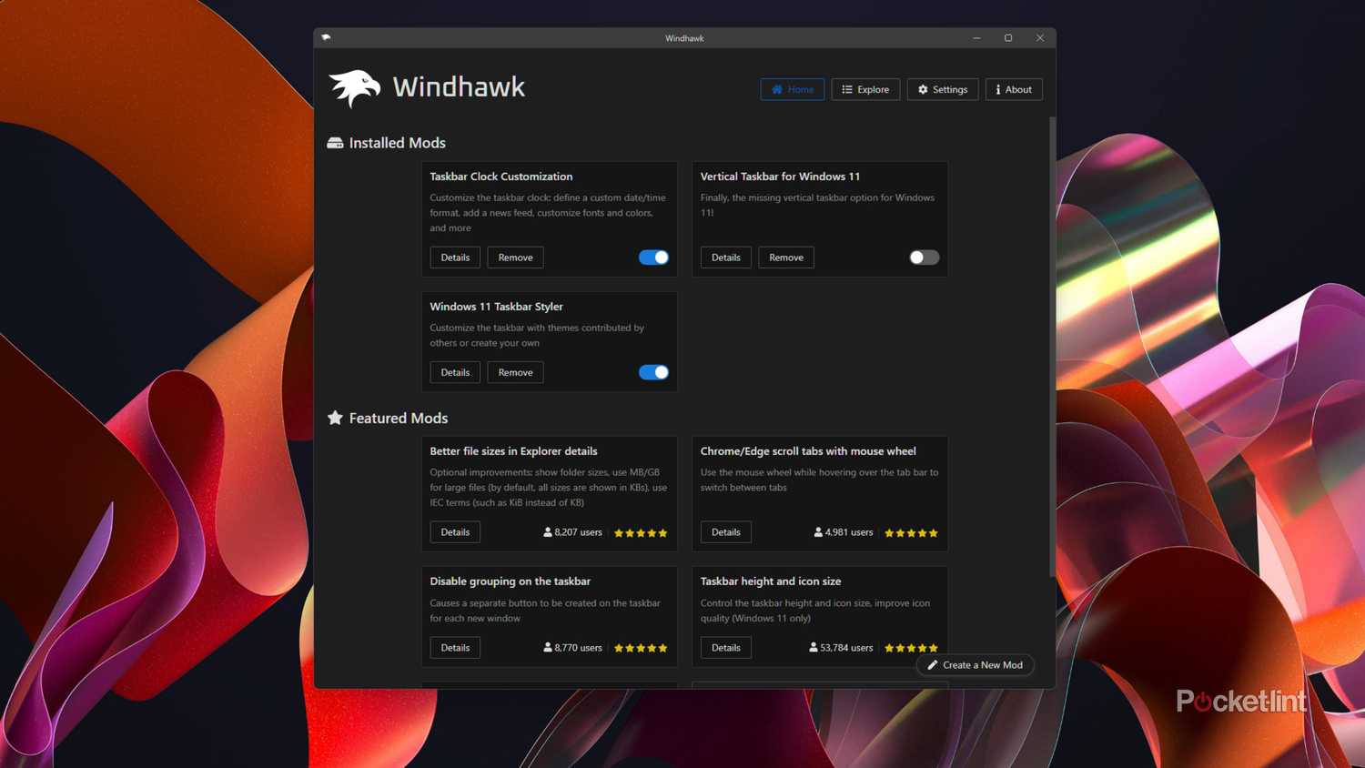 A screenshot of Windhawk running on Windows 11.