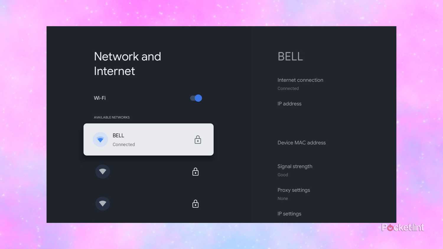 Google TV network and internet settings.