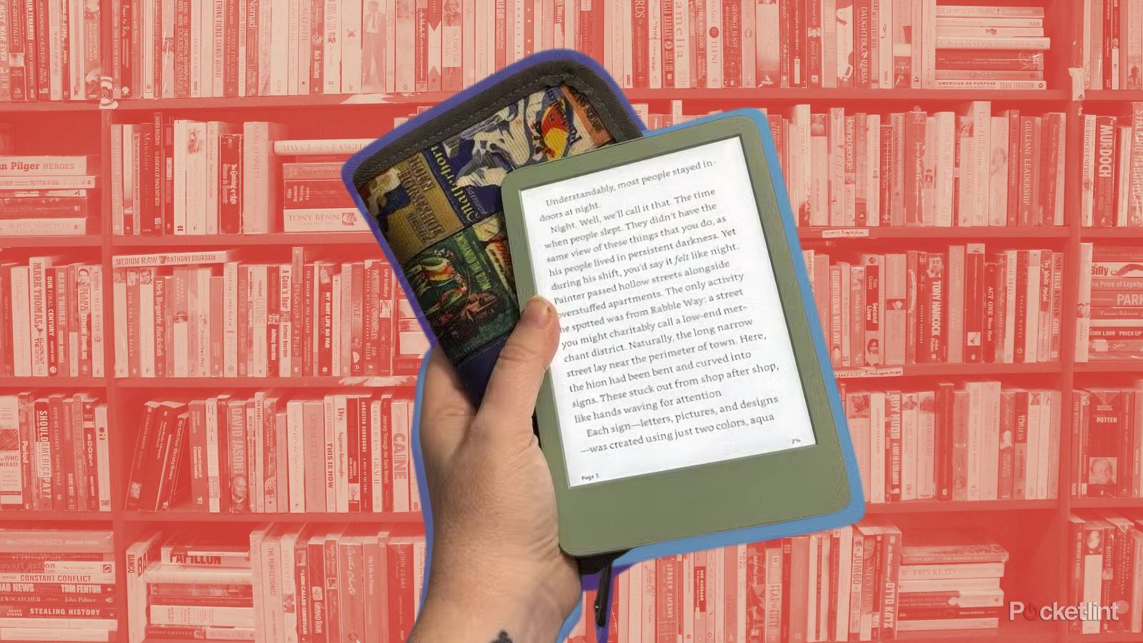A hand holding a green Kindle and a case in front of a bookcase full of books.