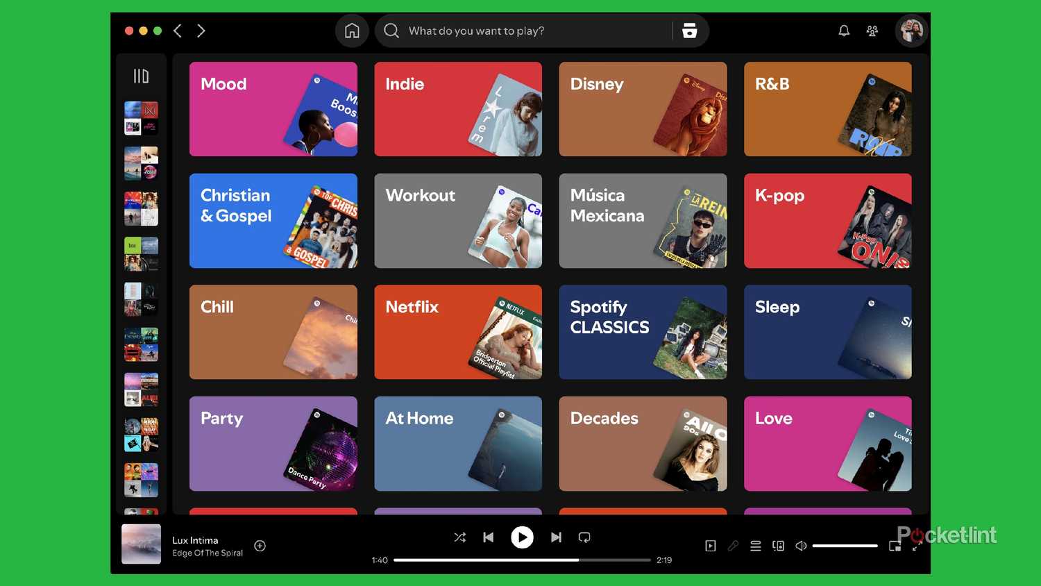 Browsing playlist categories on Spotify for Mac.