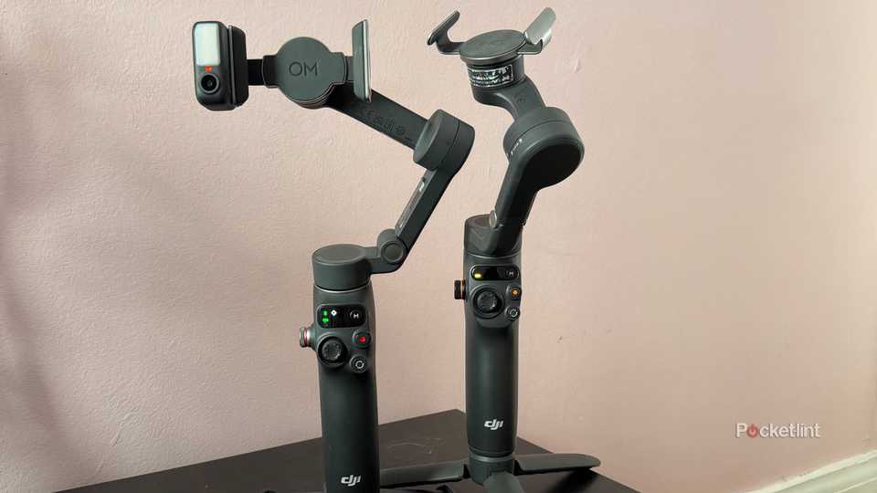 DJI Osmo Mobile 7P and Osmo Mobile 6 against a beige wall. 