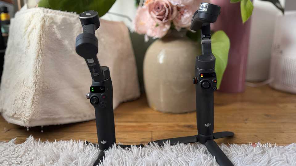 DJI Osmo Mobile 7P next to Osmo Mobile 6 on a furry rug. 