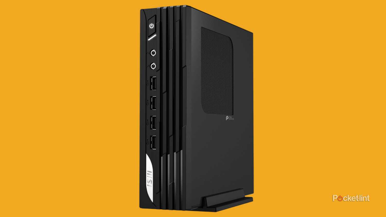 A photo of the MSI Pro DP21 11M on an orange background.