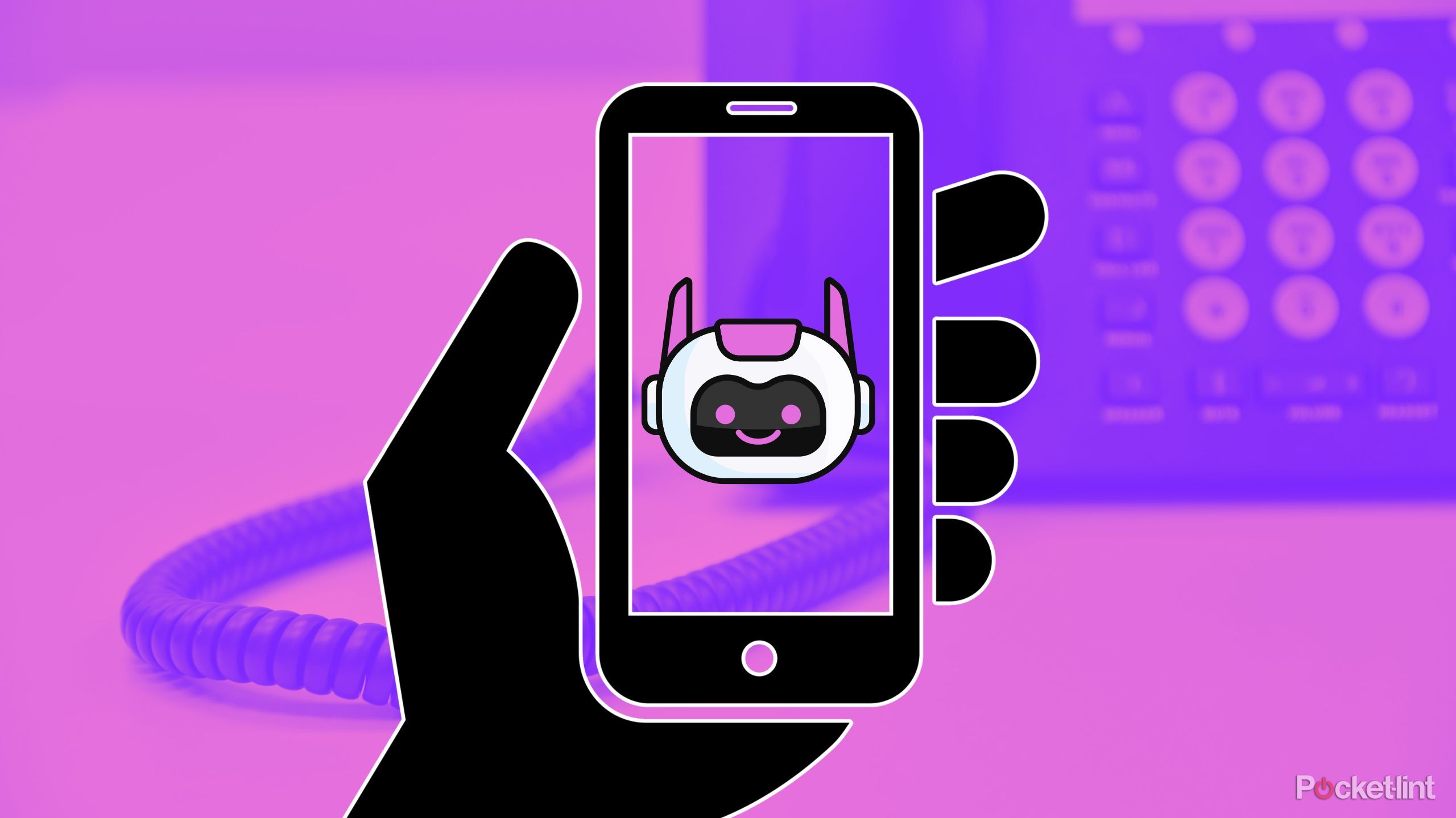 A rendering of a hand holding a phone with a robot face on it. 