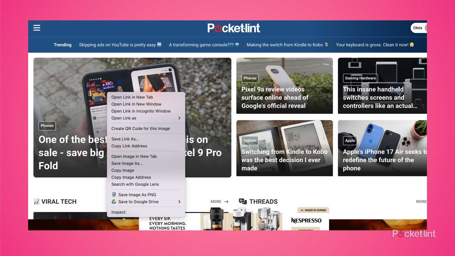 Save to google drive option on Pocket-lint's site. 