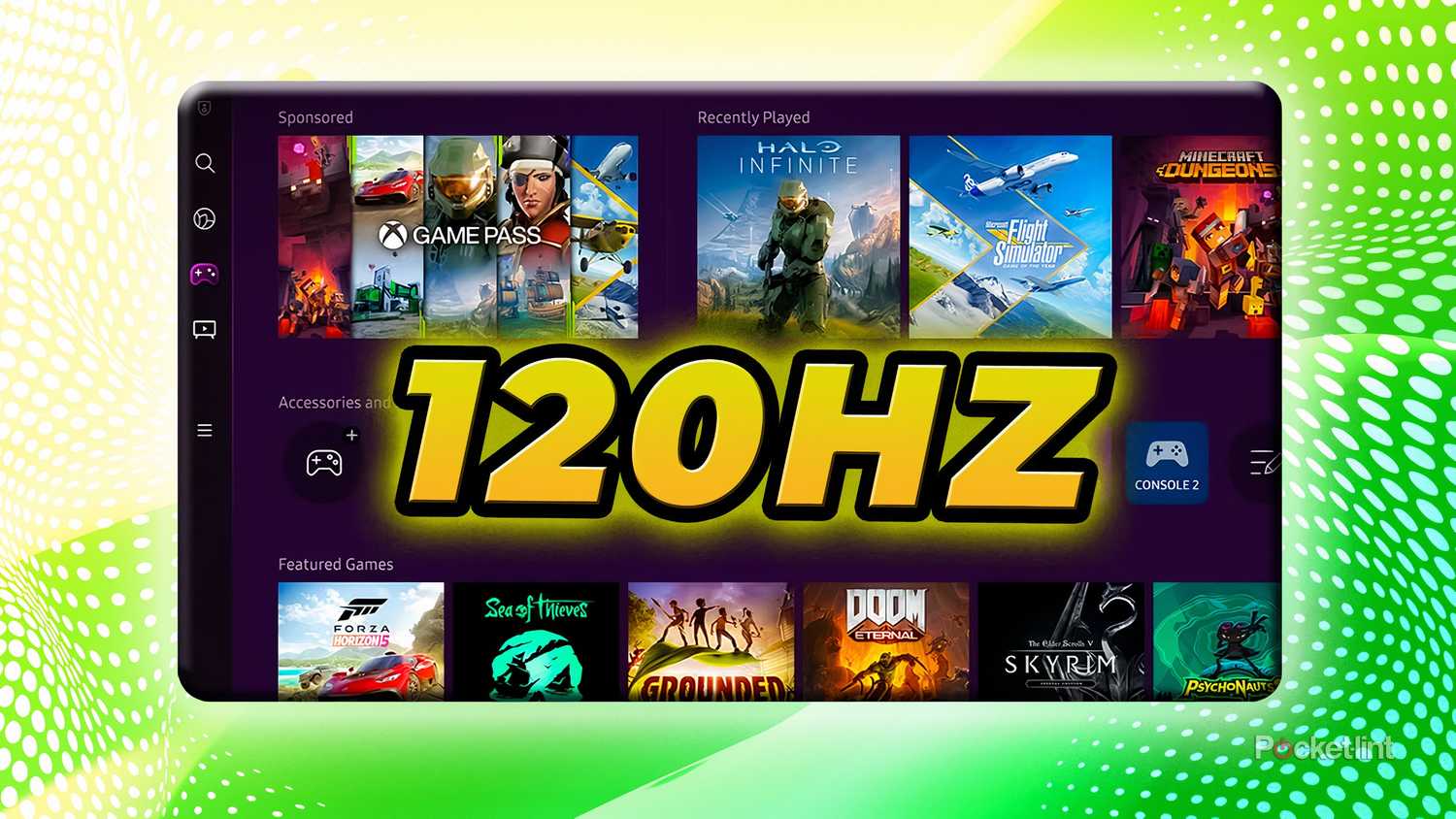 '120HZ' atop a background of an Xbox game hub screenshot