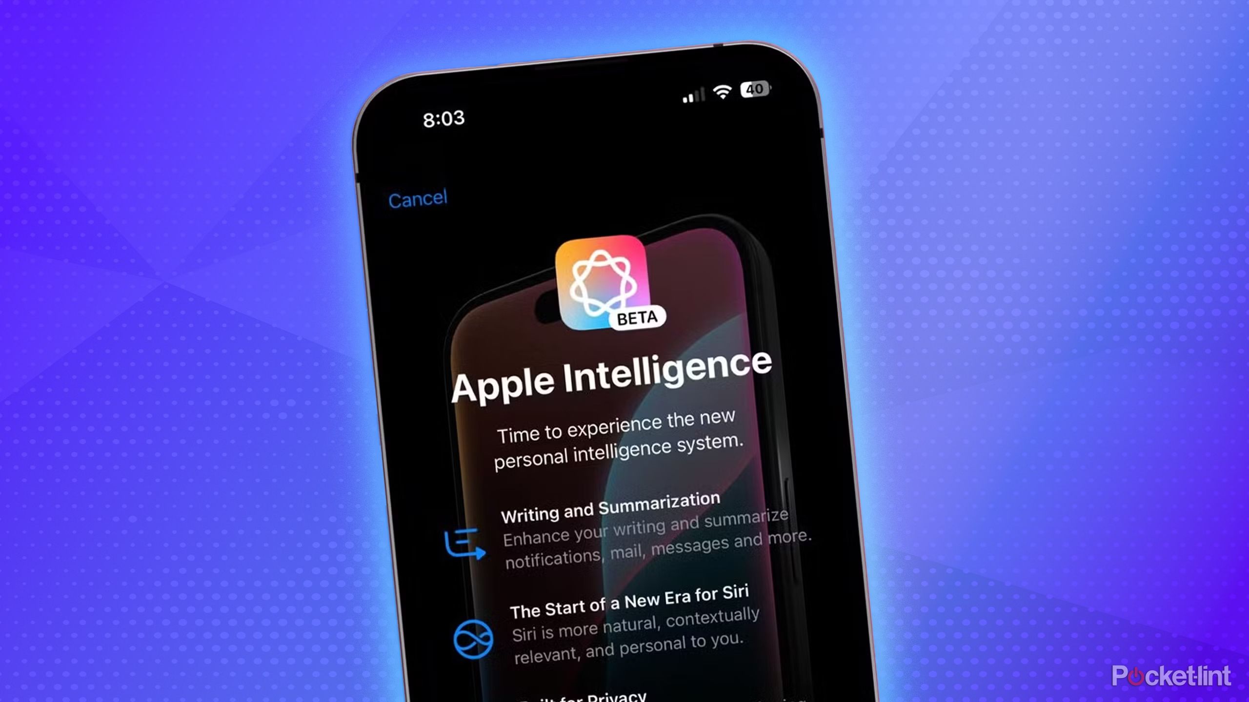 Apple Intelligence on iPhone with blue background.