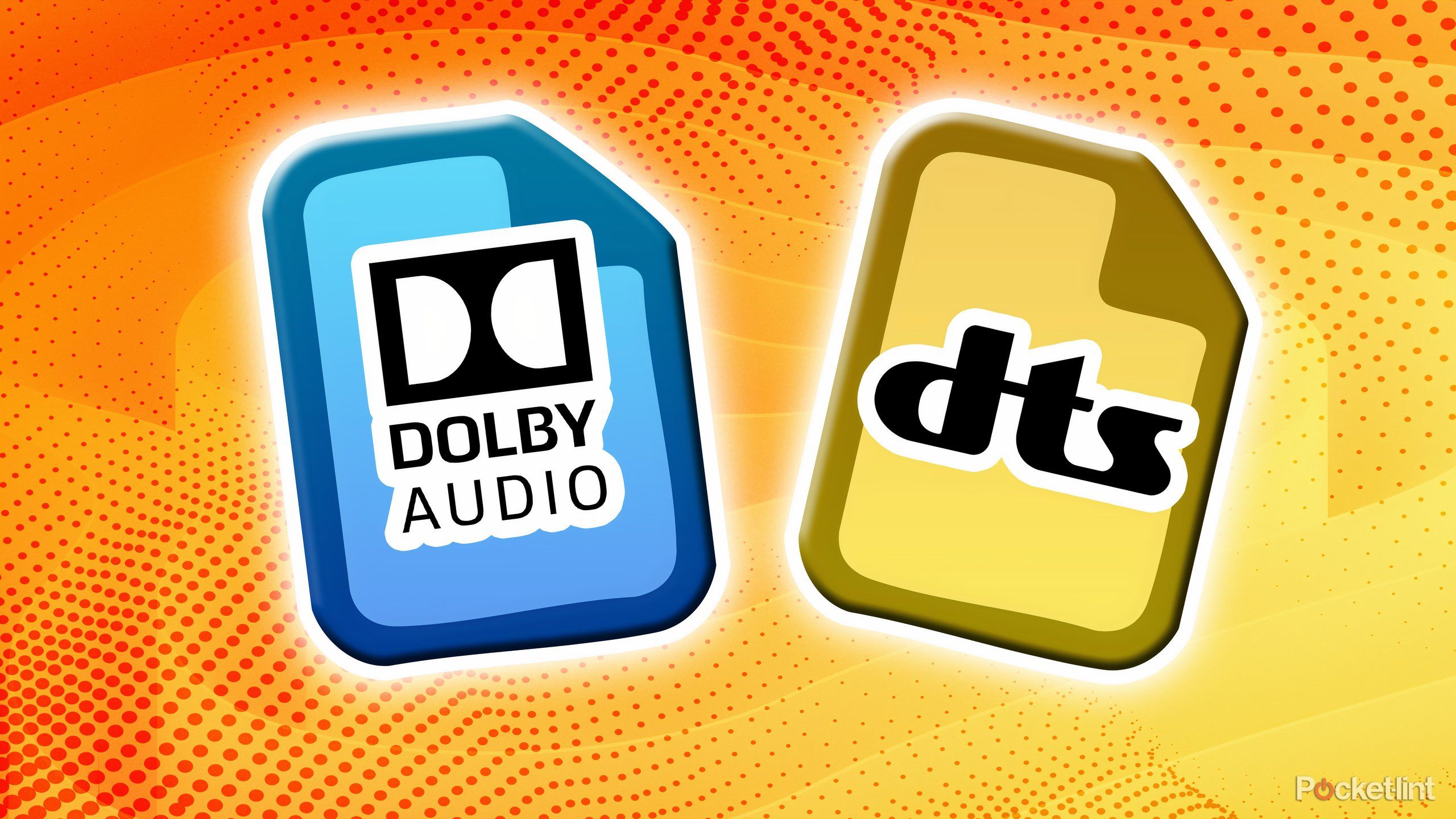 Audio files that say Dolby Audio and DTS against a yellow background