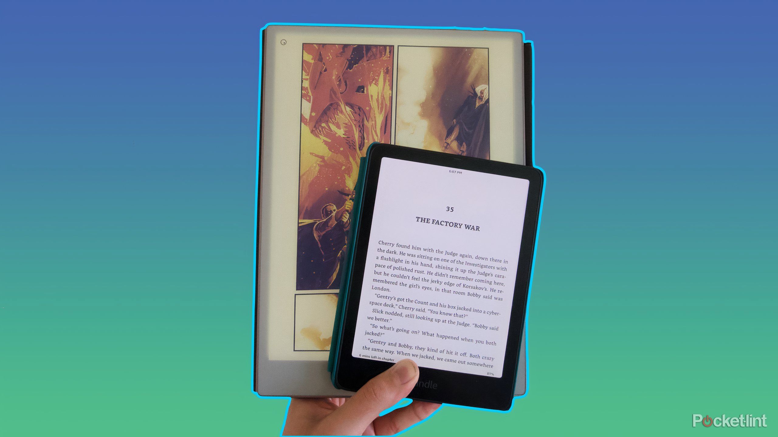 A Kindle Colorsoft being held on top of a reMarkable Paper Pro.