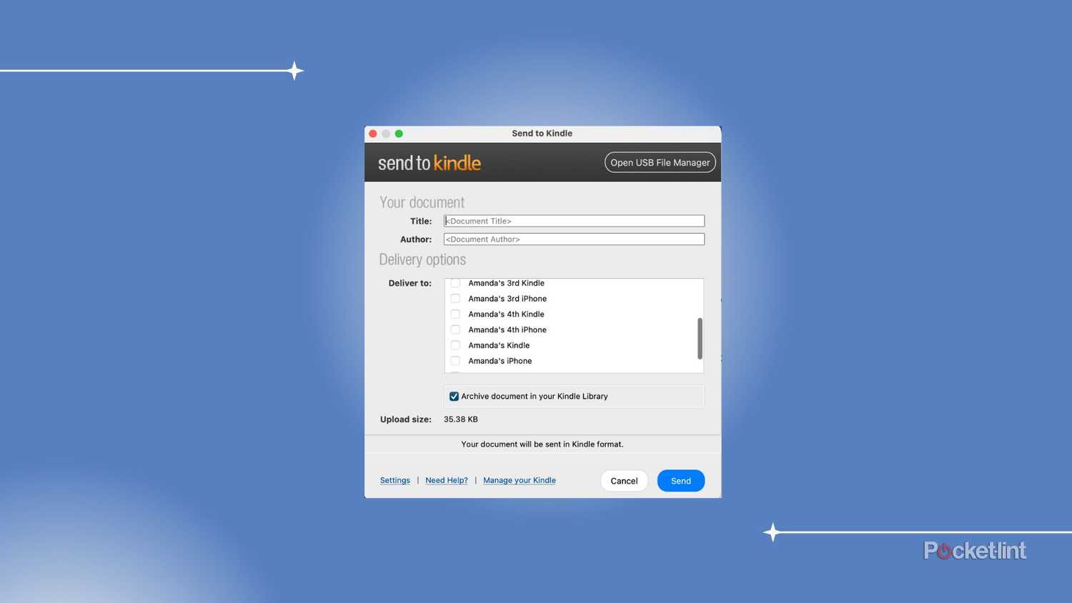 Send to Kindle window on a browser. 
