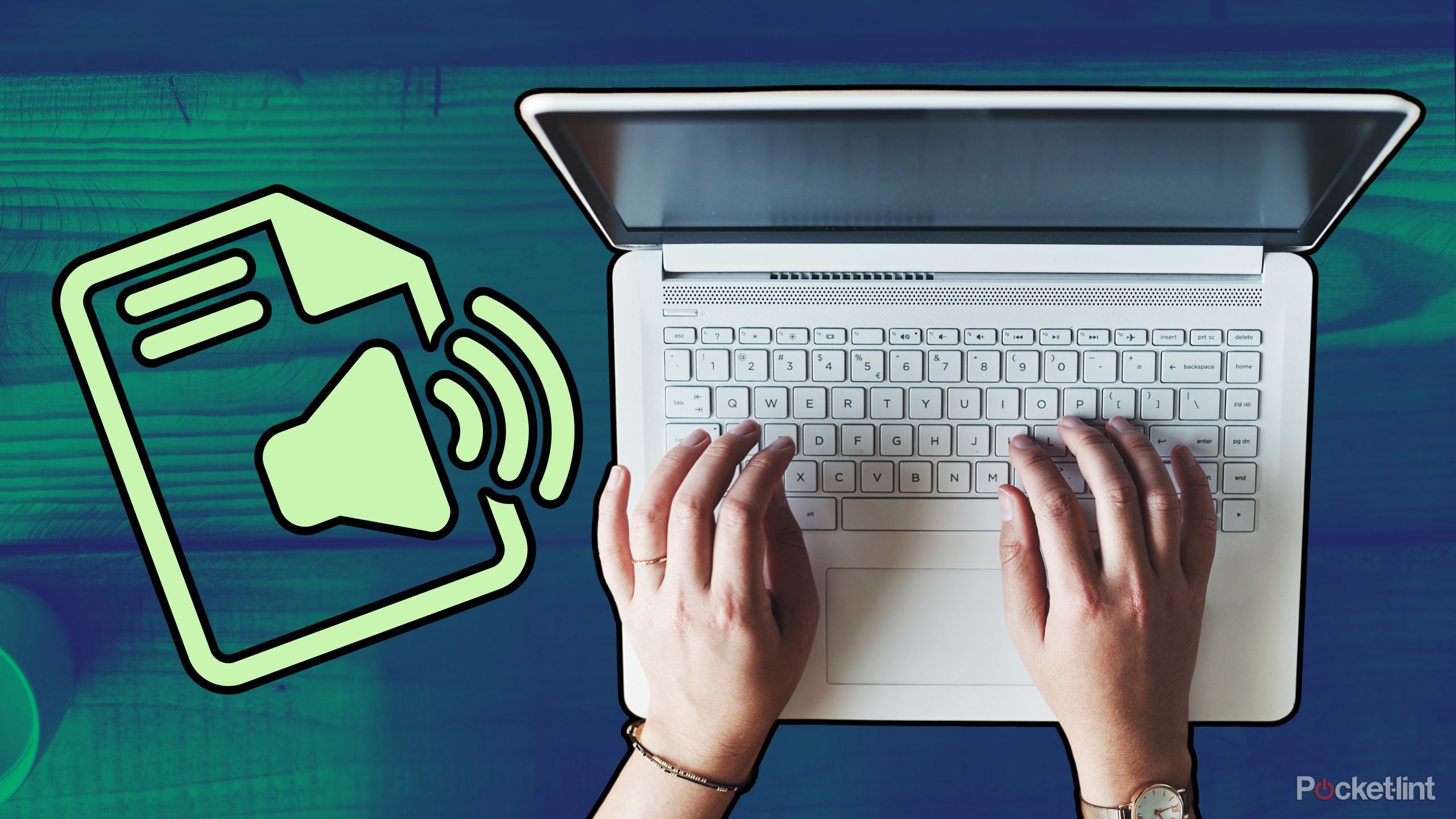 A person typing on a computer next to a transcription icon. 