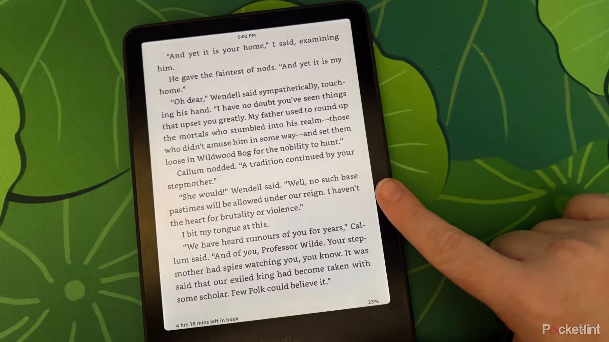 A Kindle Colorsoft against a green background. 