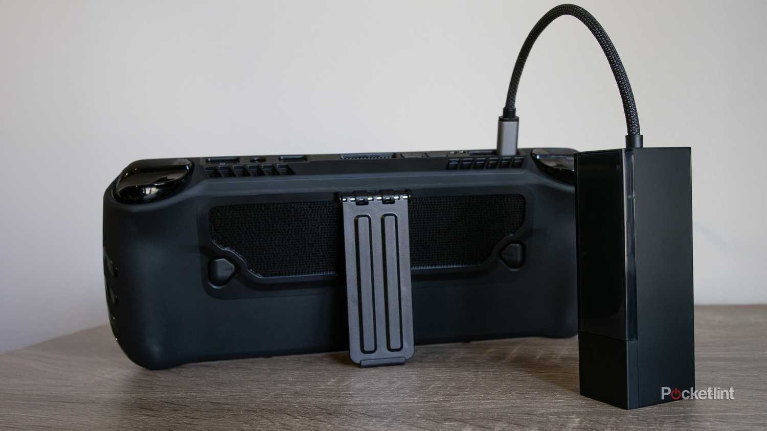 The back of the ROG Ally X attached to the Jsaux dock 