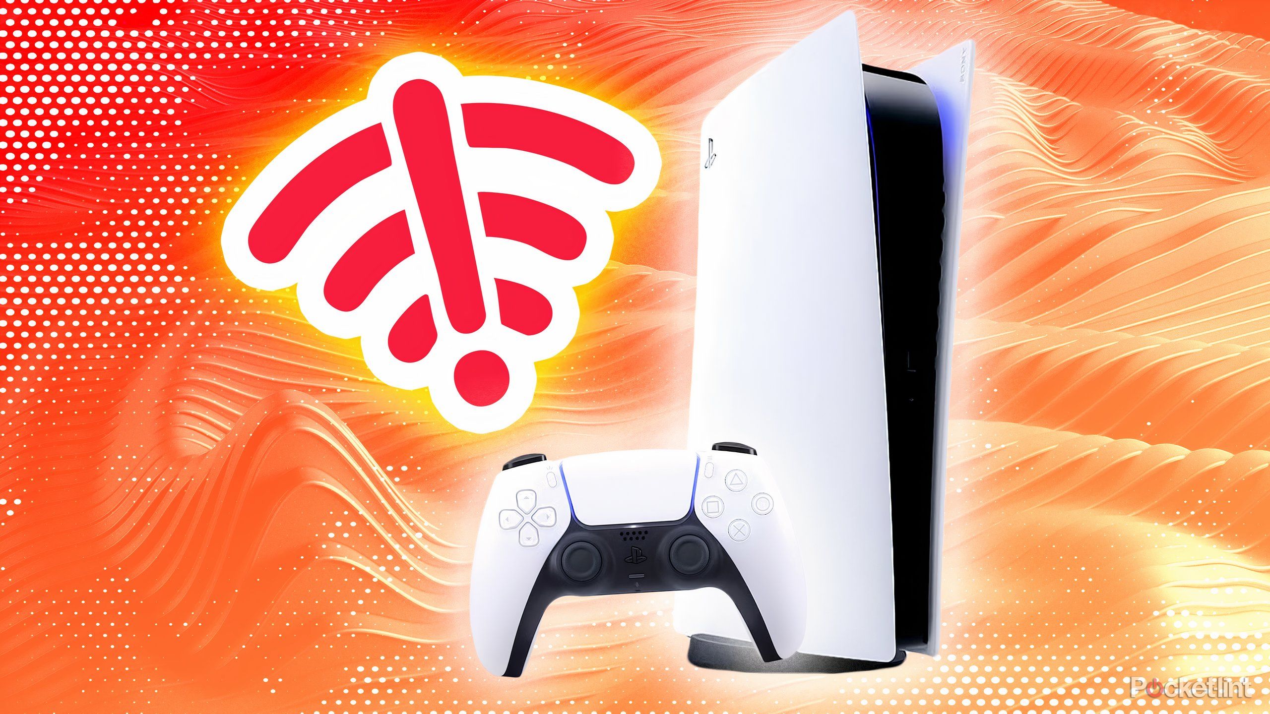 PlayStation 5 and controlller beside a Wifi graphic 