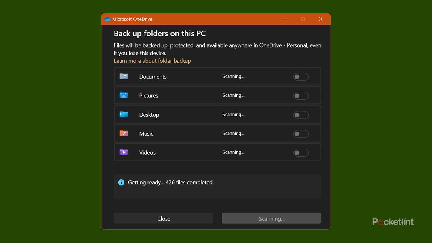 Scanning and selecting Windows 11 folders for OneDrive sync.