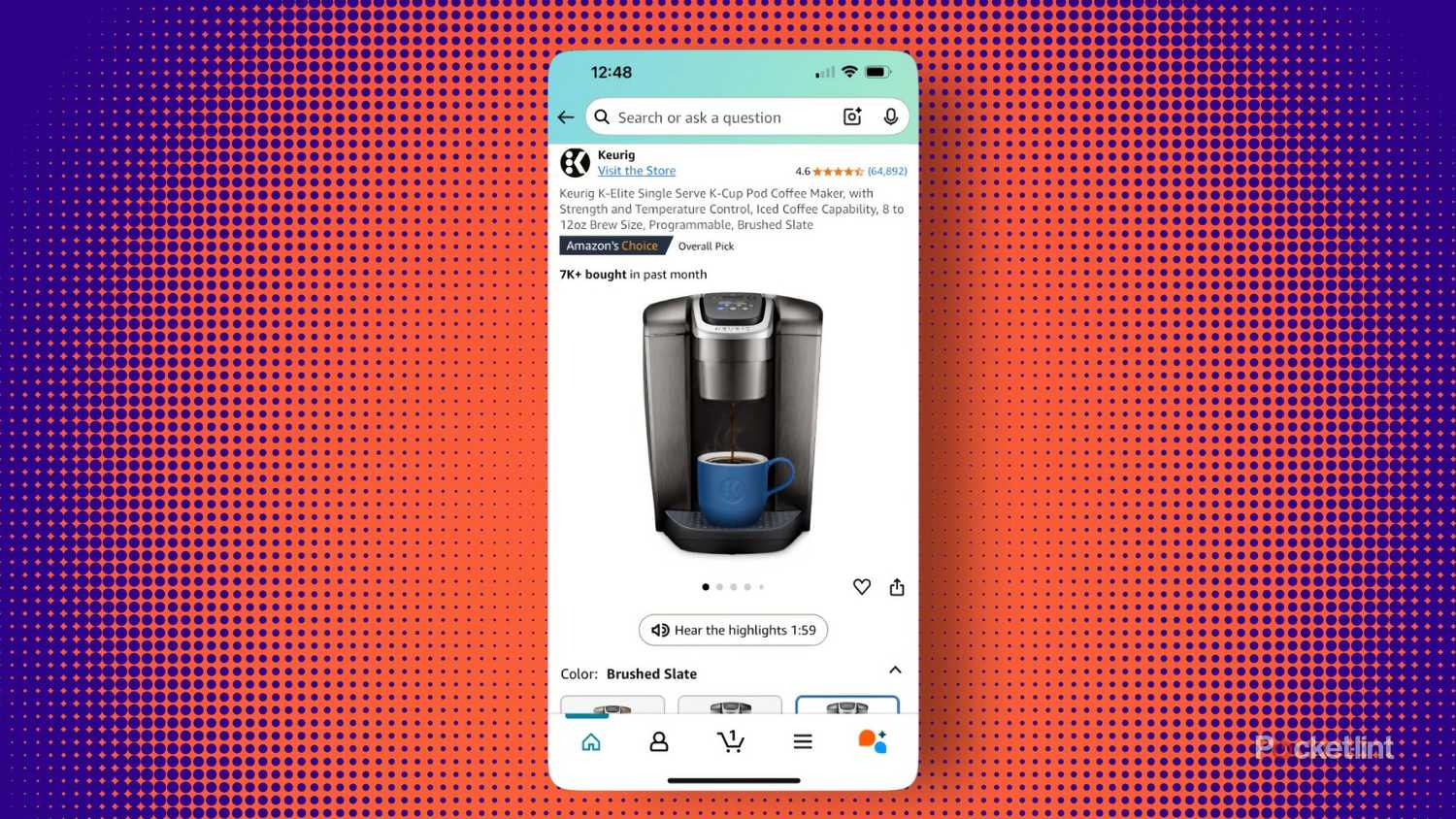 Amazon's Ai highlights on a Keurig. 