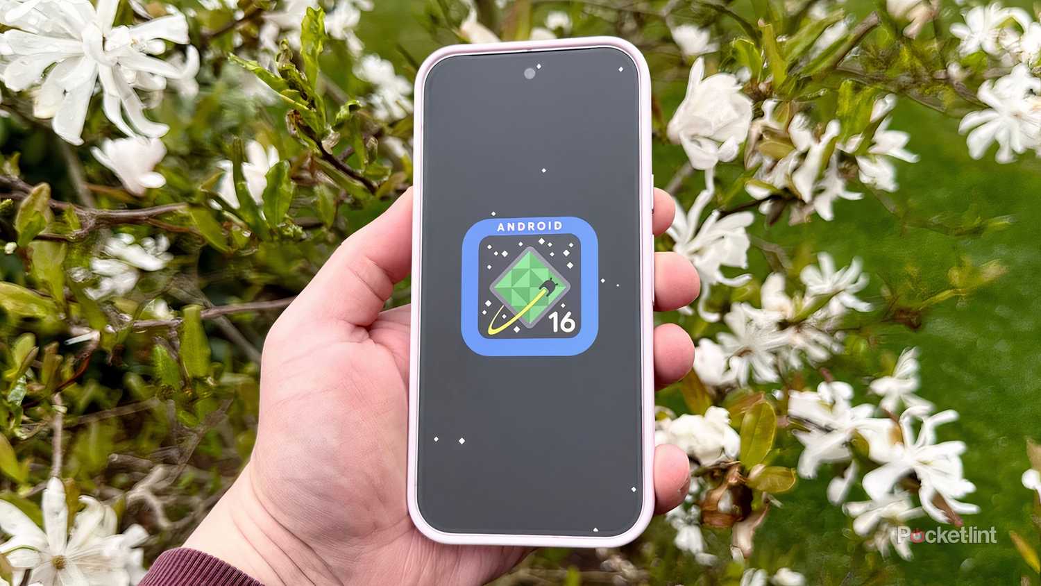 The Android 16 logo on a phone.