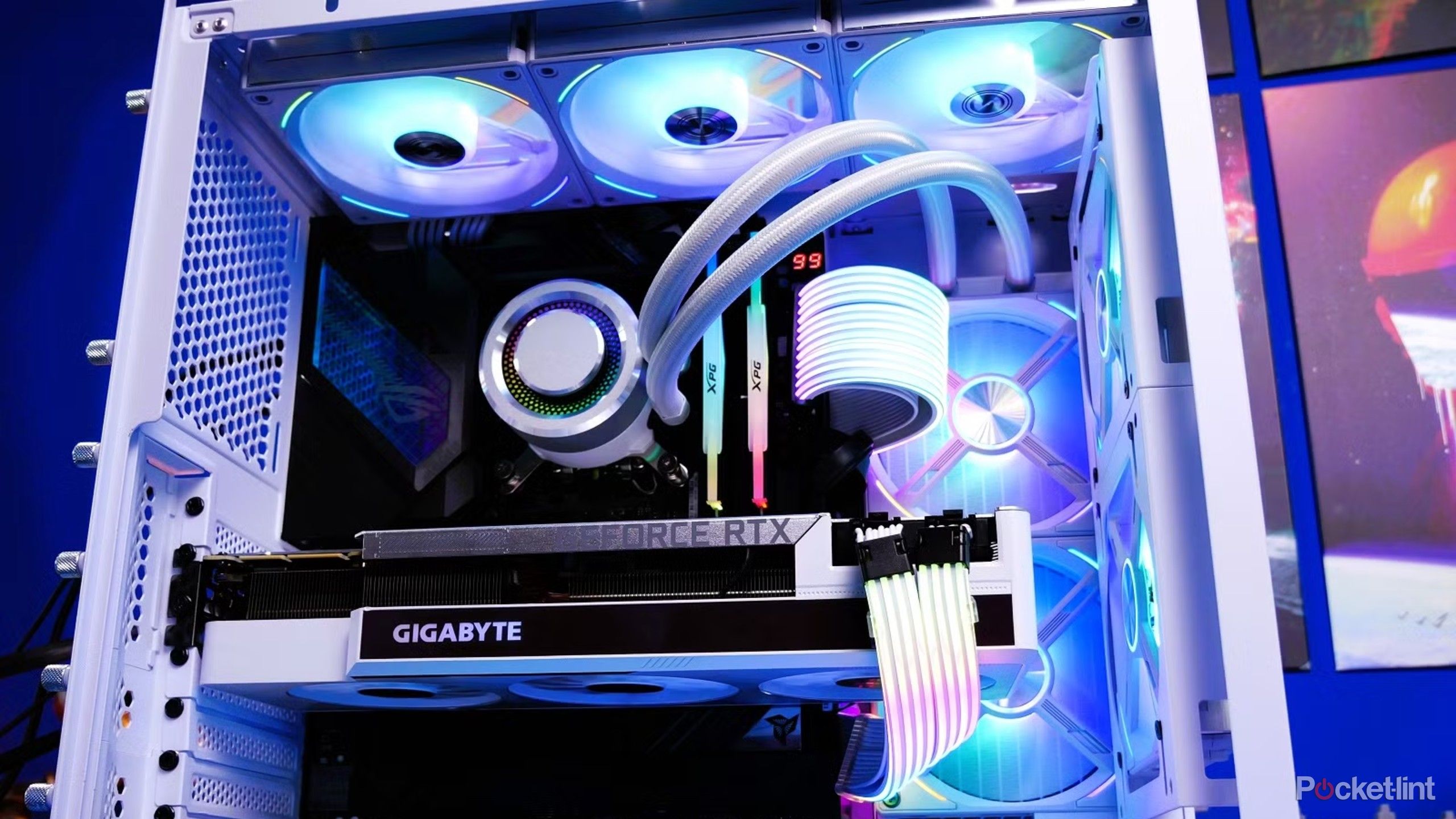 The inside of a desktop gaming PC with RGB lighting.
