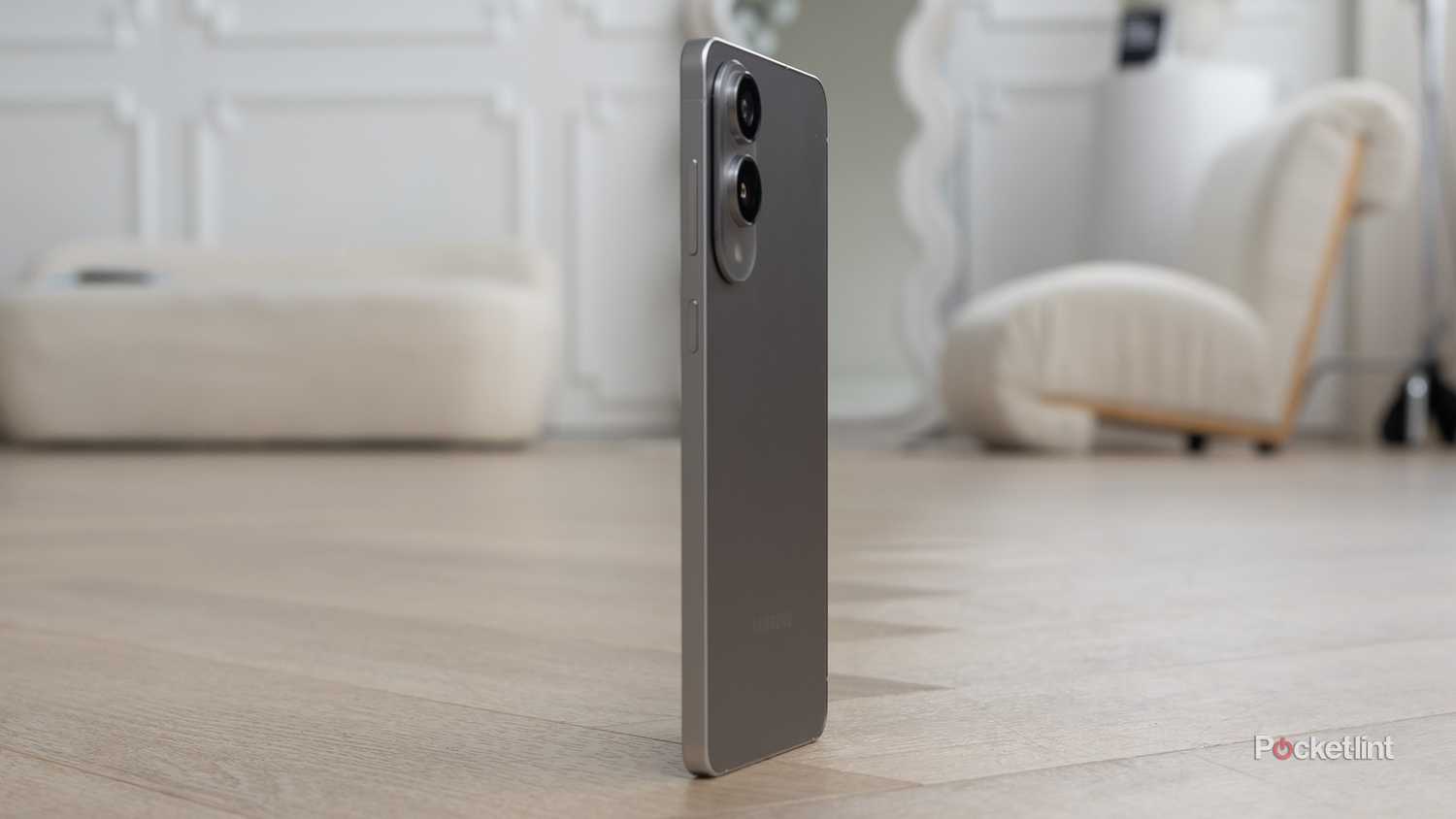 The Galaxy S25 Edge sitting on the floor on its edge