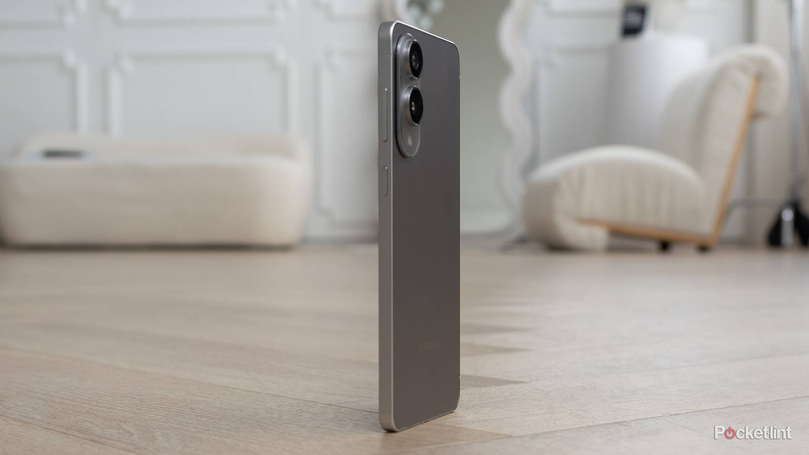 The Galaxy S25 Edge sitting on the floor on its edge