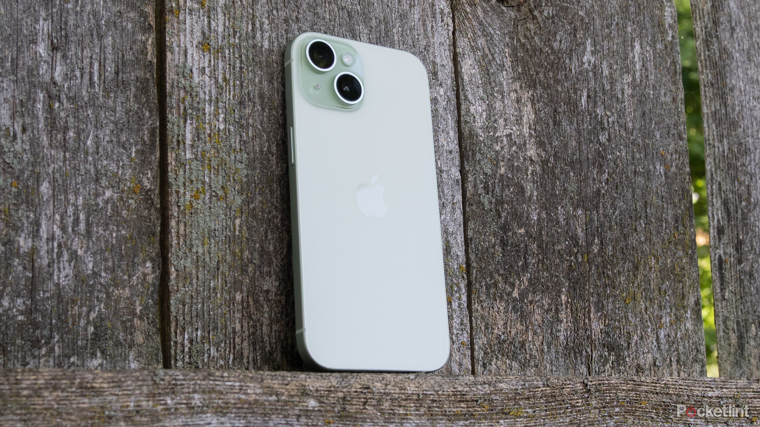 The iPhone 15 sitting on a fence