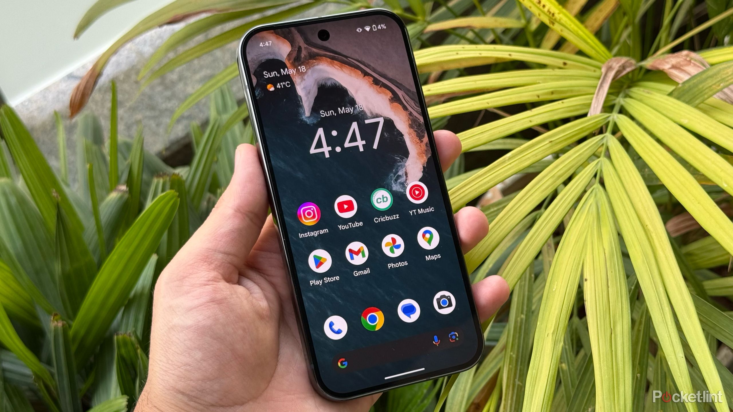 The homescreen of the Google Pixel 9 Pro, outdoors.
