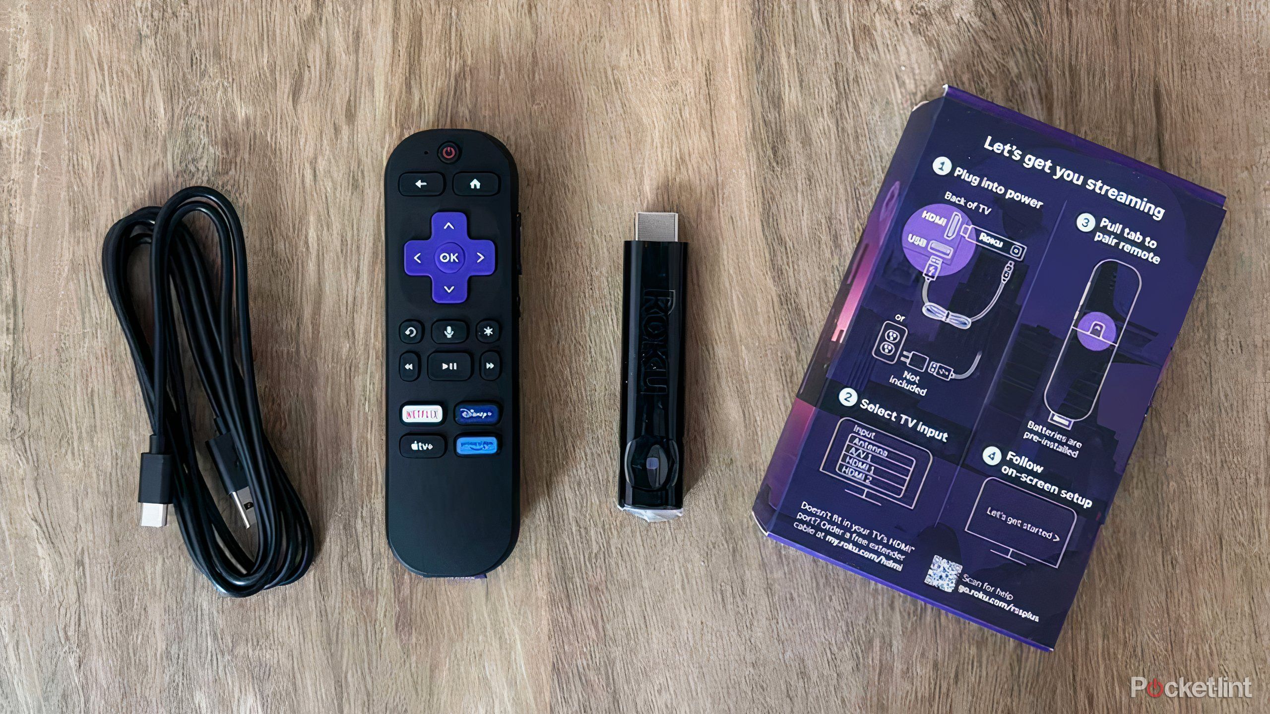 Roku Streaming Stick Plus contents including remote and USB cable