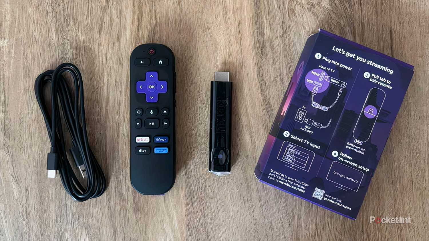 Roku Streaming Stick Plus contents including remote and USB cable