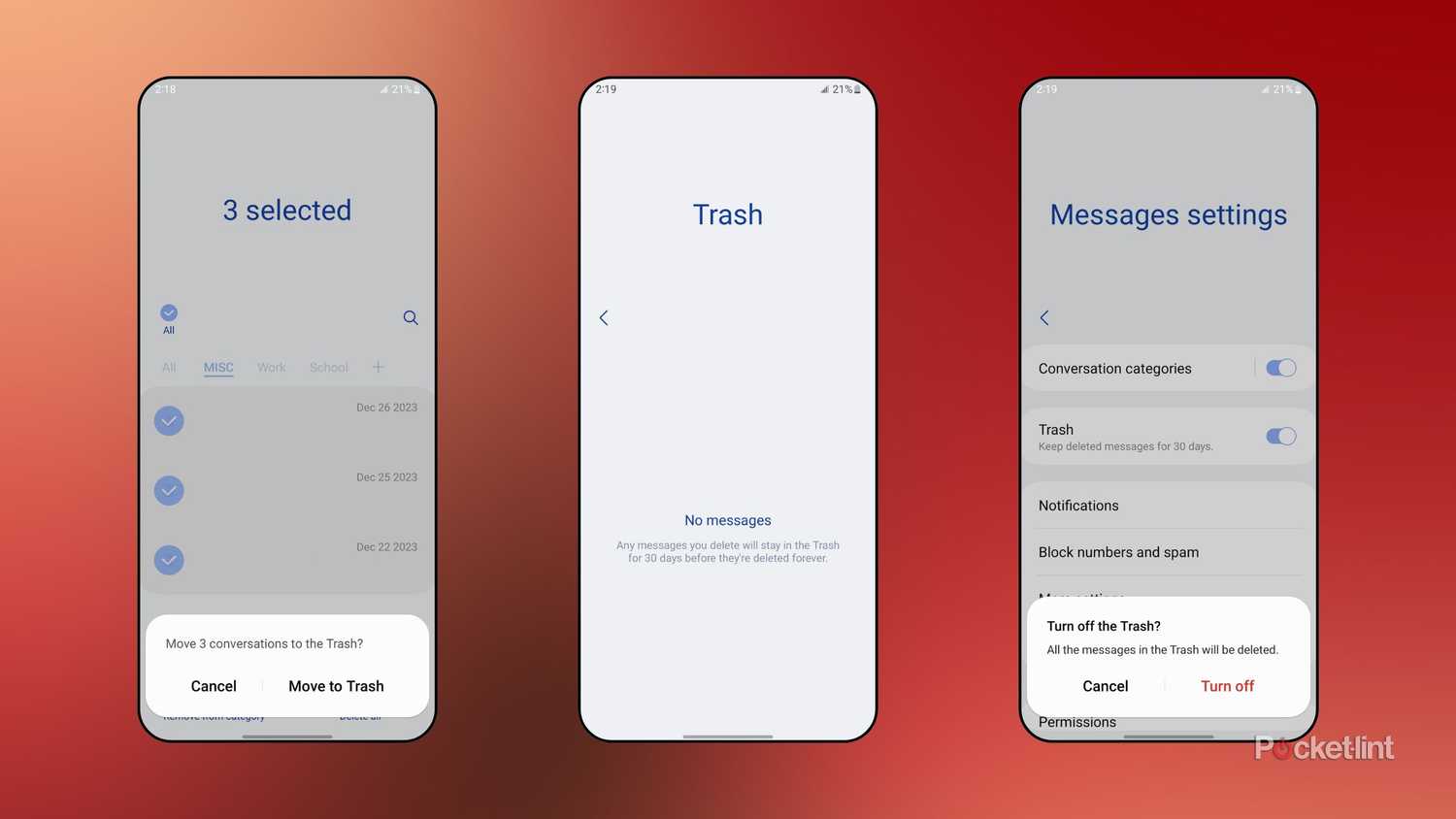 Samsung Messages Trash screenshots