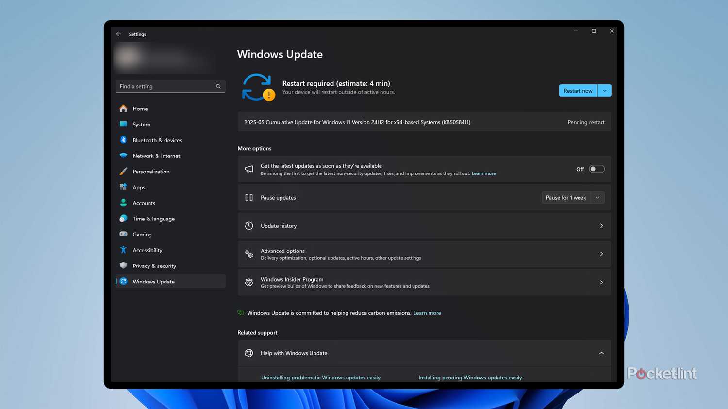 The Windows 11 update menu.