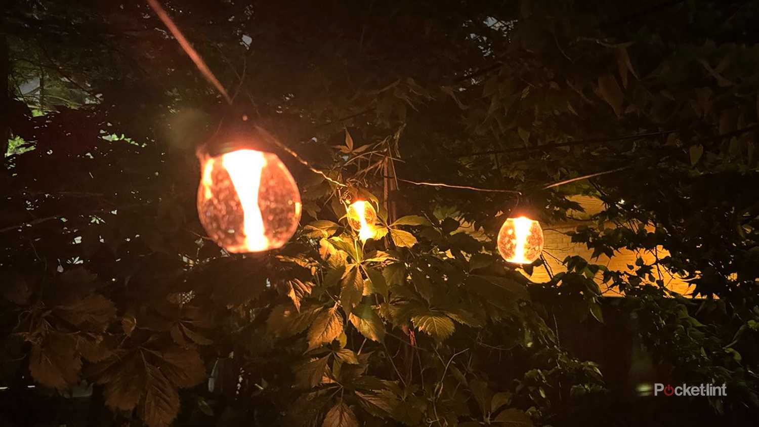 Govee Outdoor smart strings lights at night, switched to yellow.