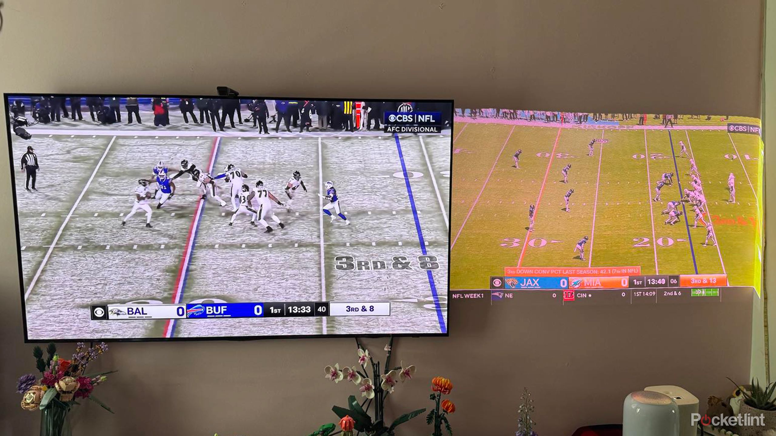 Two football games side by side, one on Samsung smart TV and one on Samsung Premiere 5 Projector