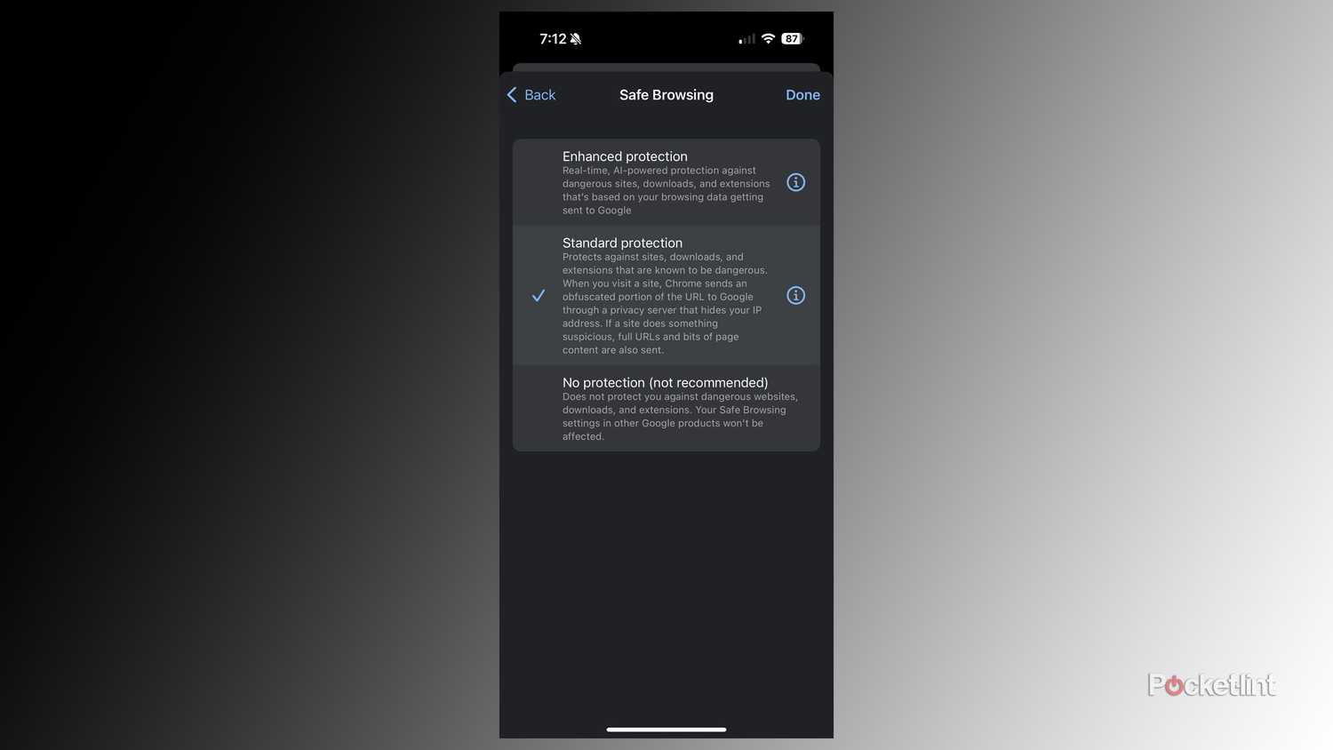 Safe Browsing options in Chrome for iPhone.