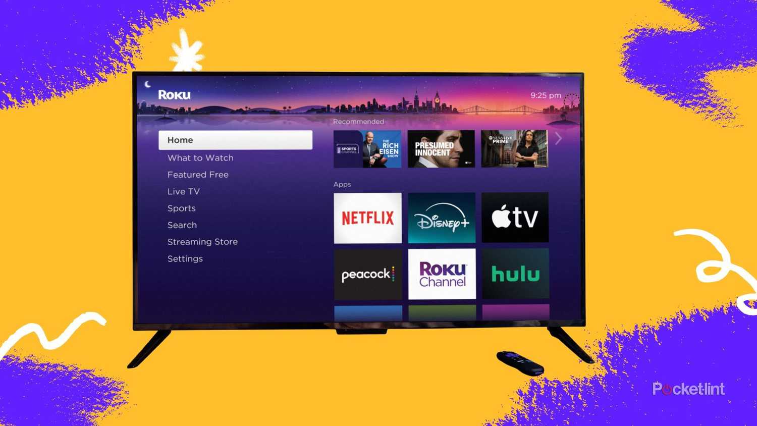 Roku TV on purple and yellow background.
