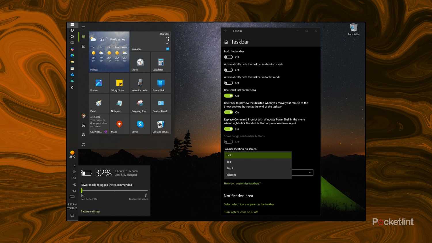 Windows 10 taskbar location on screen screenshot