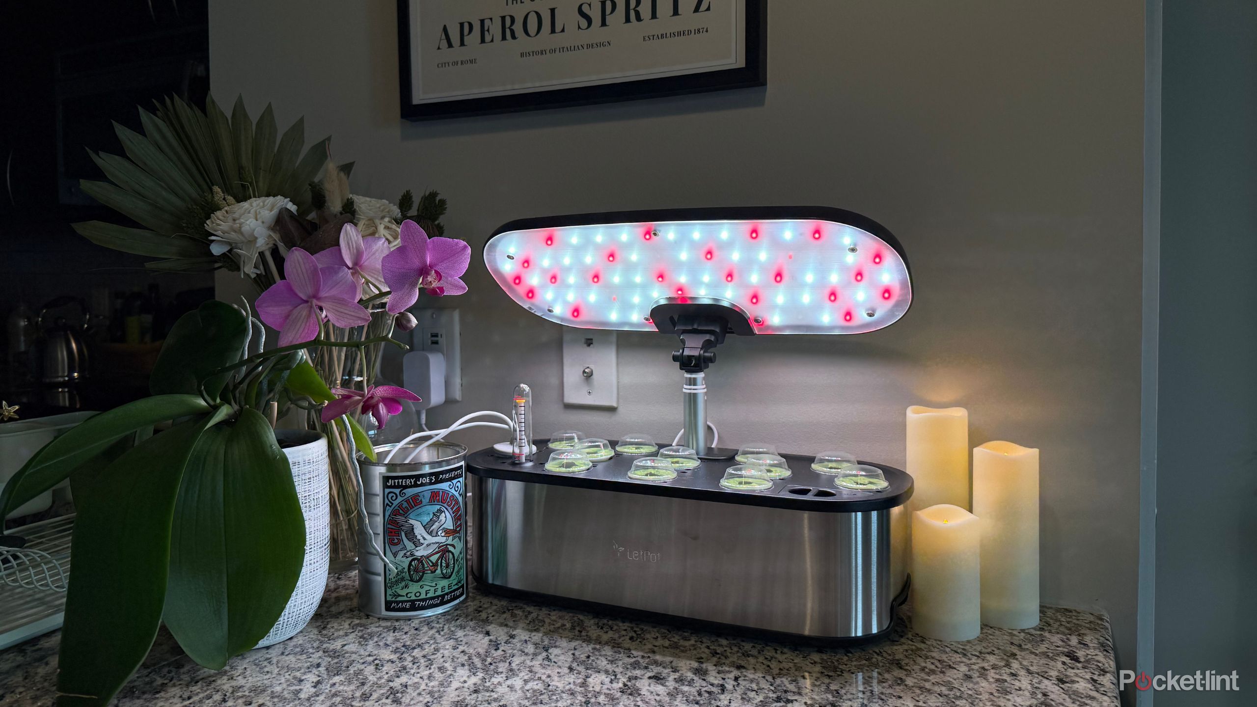 A LED light panel on a hydroponic garden. 