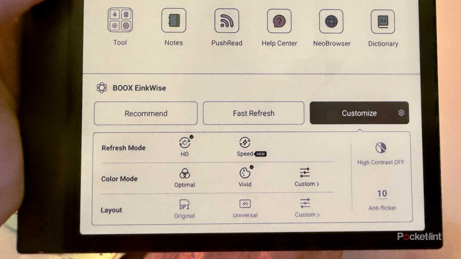 EinkWise settings on the Boox Note Air4C.
