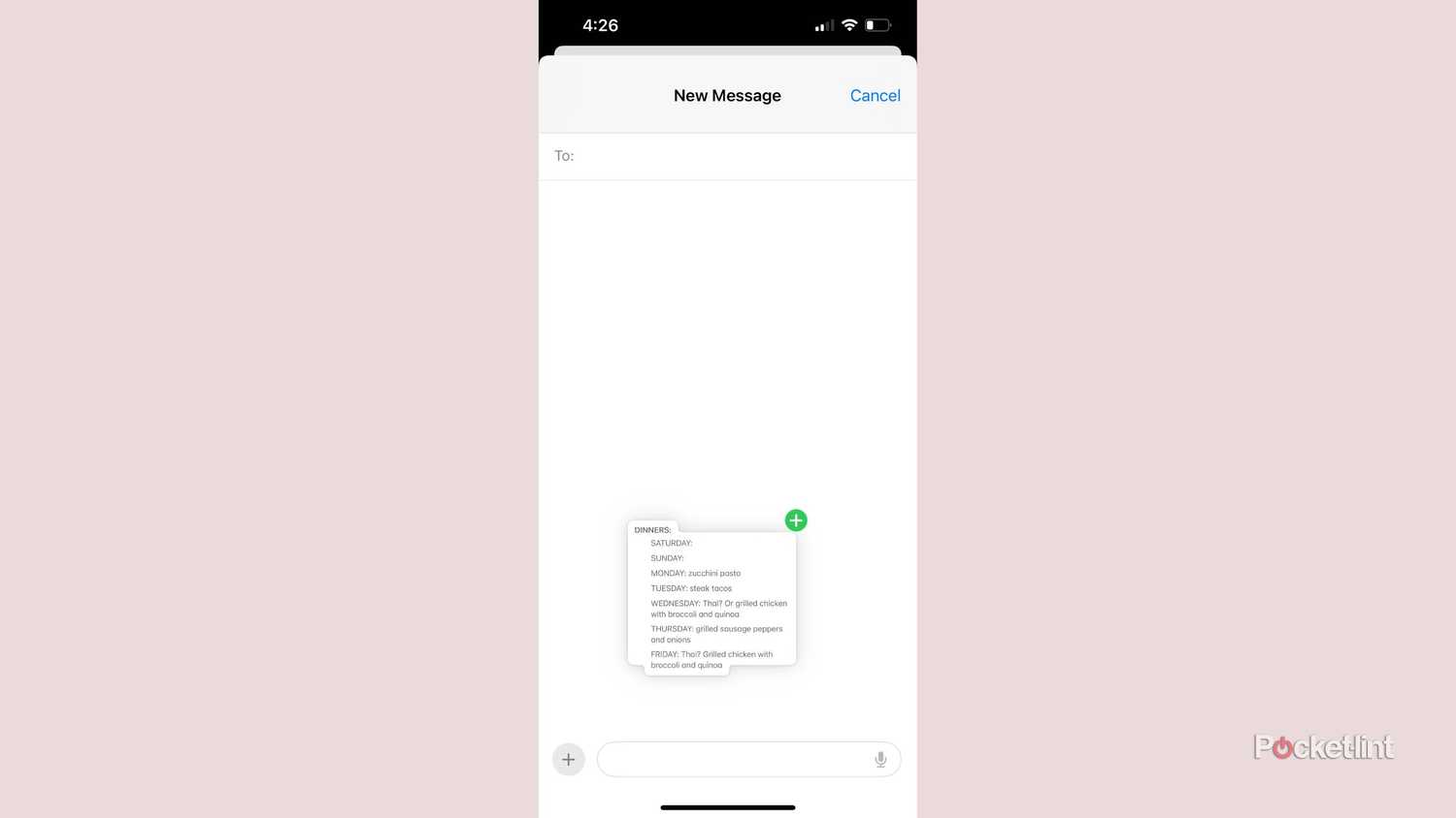 Dragging a note and dropping it into a message on iPhone
