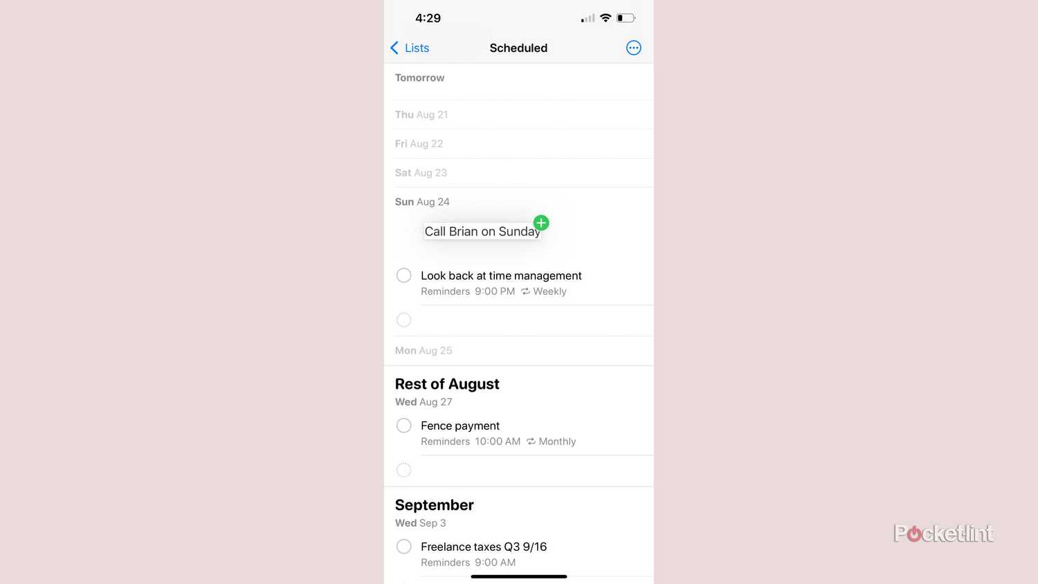 Dragging text into the Reminders app on iPhone