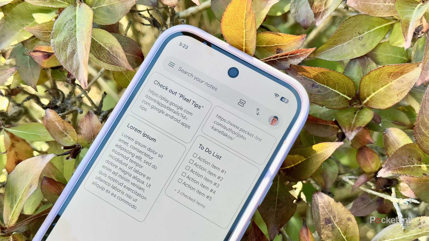 Google Keep on a phone in a bush. 
