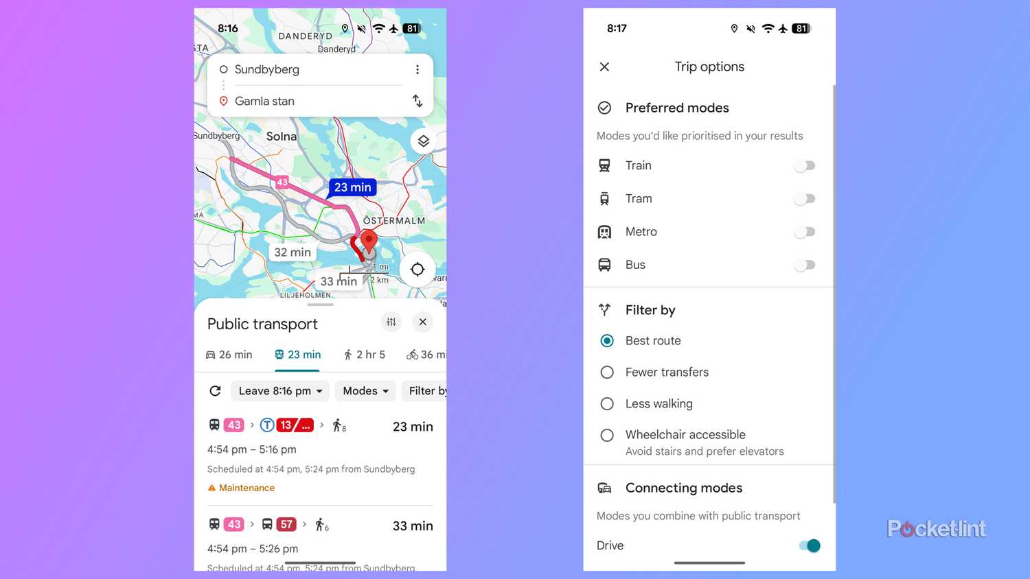 Setting public transport preferences in Google Maps