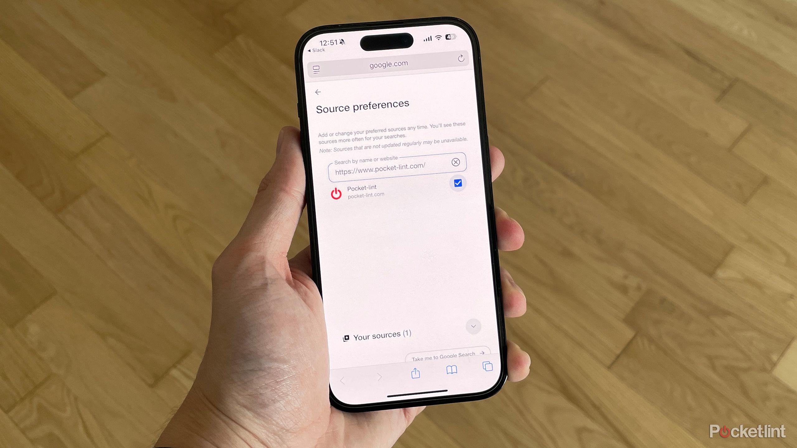 Google Search Source preferences on iPhone.