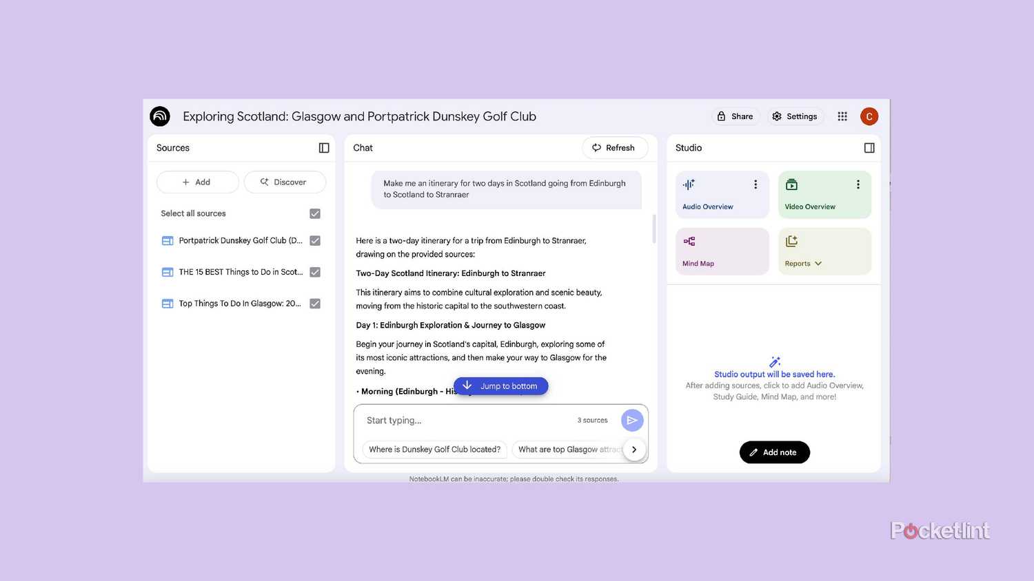 Using NotebookLM to plan an itinerary