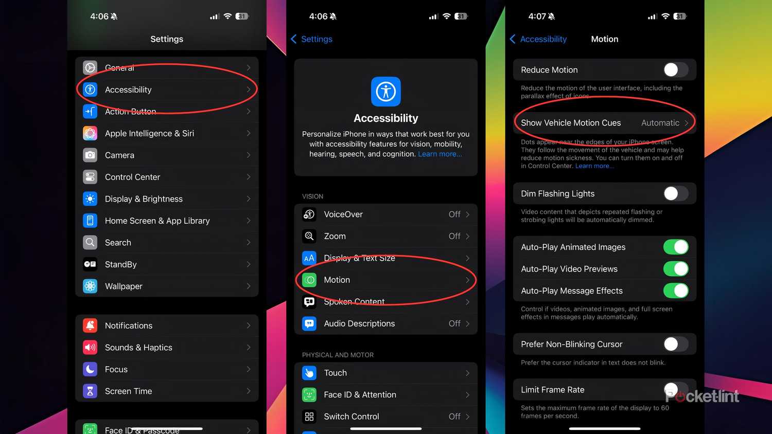 A step-by-step graphic showing how to enable vehicle motion cues on your iPhone. 