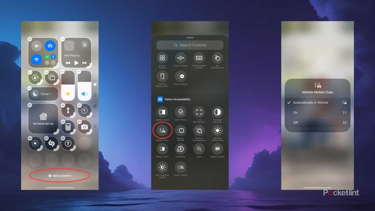 A graphic showcasing the step-by-step process of adding Apple's vehicle motion cues to your iOS 18 control center.