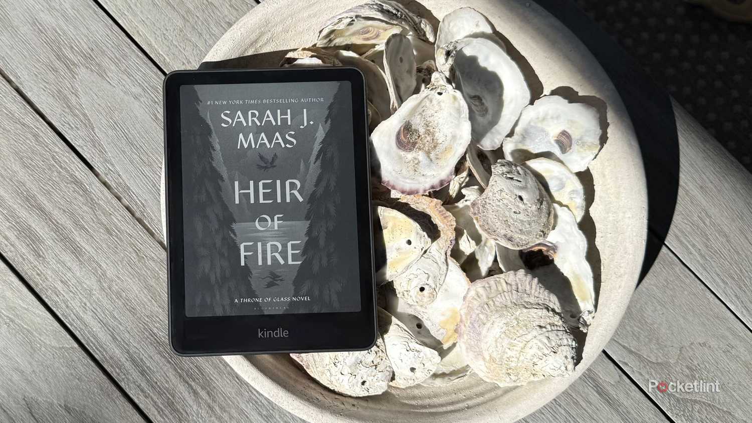 Heir of Fire on a Kindle in a bowl of oyster shells. 