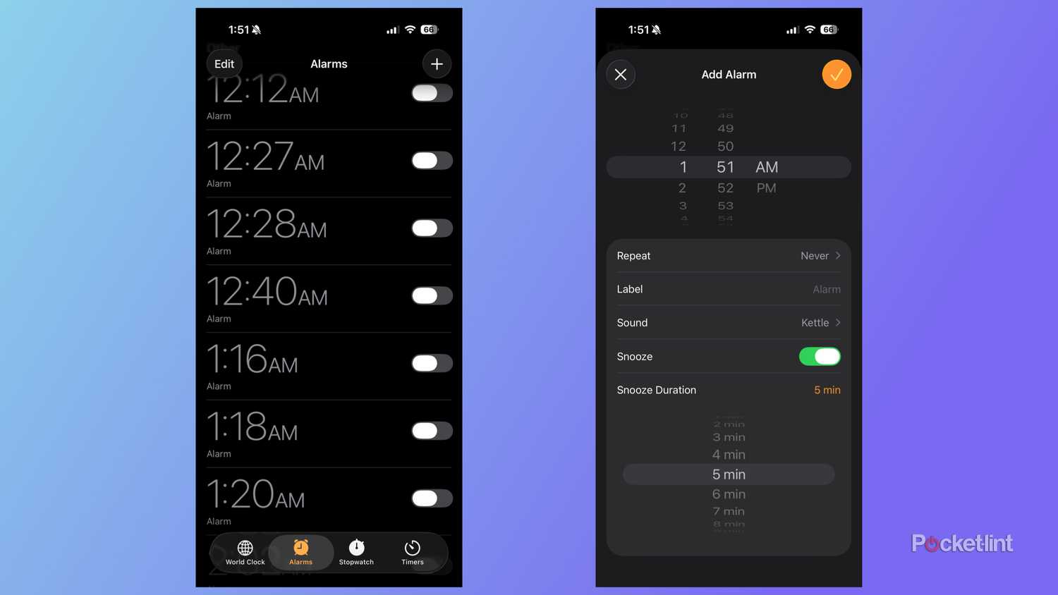 Changing alarm snooze duration in iOS 26