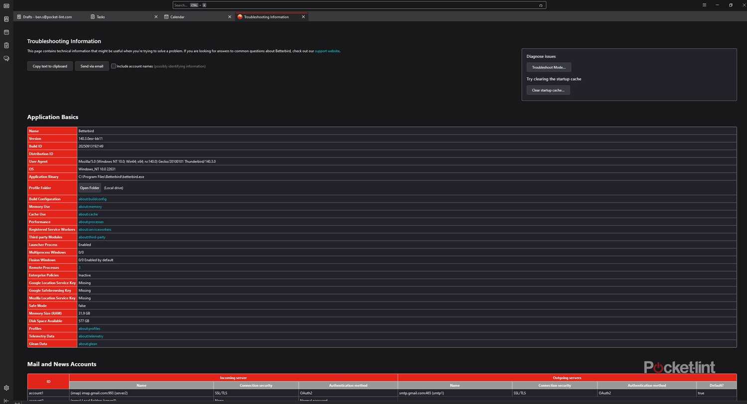A screenshot of the Betterbird troubleshooting page.